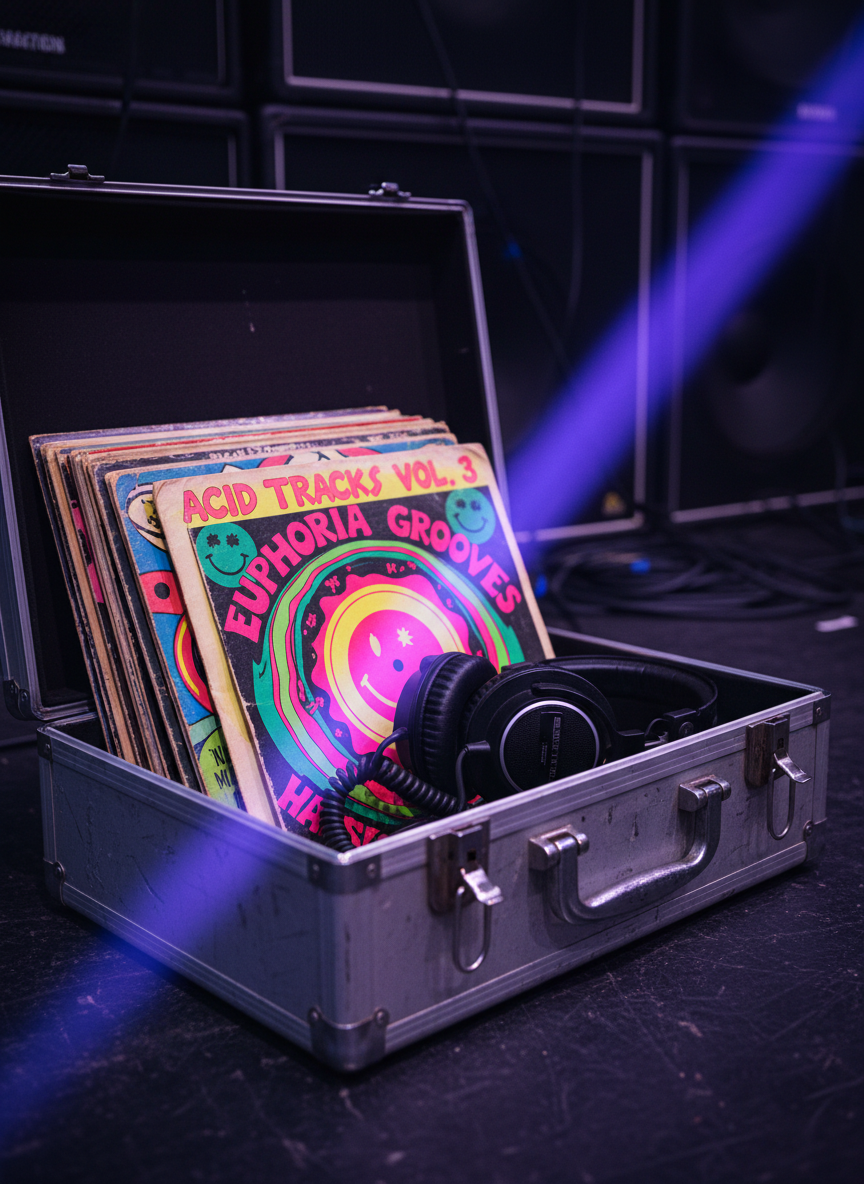 A close-up, photographic realism shot of a battered silver flight case opened on a scratched black stage floor, revealing an array of classic rave-era vinyl records. Colorful record sleeves featuring bold, psychedelic typography and smiley-face graphics fan outward, their edges slightly frayed from years of use. A pair of well-worn over-ear headphones with a coiled cable rests across the records, catching a streak of intense purple and blue LED light from off-frame. The background falls into soft bokeh of distant speakers and cables, with the mood nostalgic yet bold. Captured at a shallow depth of field from a low, three-quarter angle to highlight textures and history.