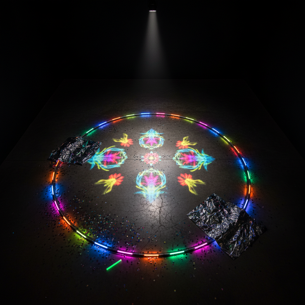An overhead, photographic realism shot of a circular dancefloor installation in a dark gallery, marked out by a glowing ring of embedded LED strips cycling through vivid rave colors. Inside the circle, the scuffed concrete is overlaid with projected, slowly rotating geometric patterns in high-contrast neon, evoking the movement of dancers without showing anyone. Around the ring, scattered objects—glittering confetti, a single luminescent glow stick, and a crumpled foil emergency blanket catching fragmented light—hint at an intense night just passed. A focused spotlight from above creates a dramatic pool of illumination, while the periphery fades into deep shadow, giving a bold, cinematic, almost sacred feel to the dancefloor as central icon.