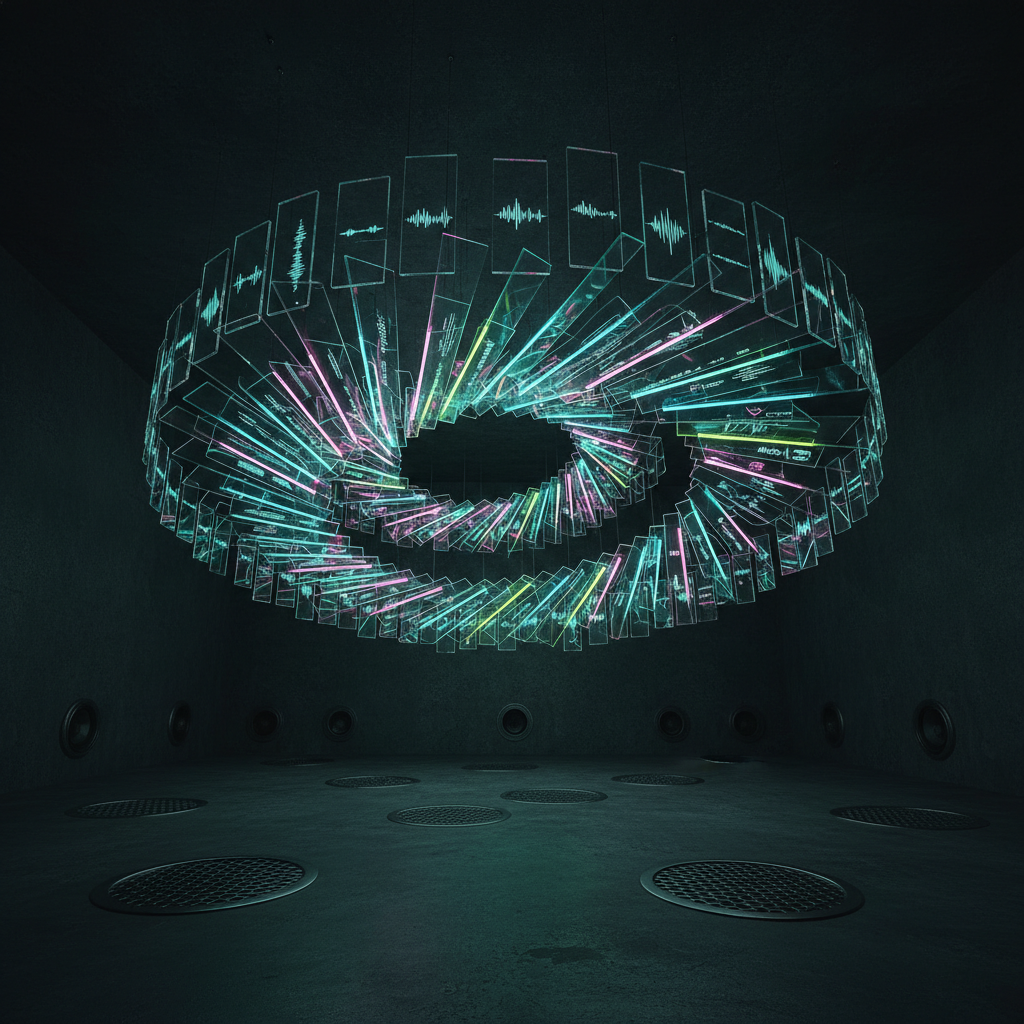 A darkened room transformed into an abstract sound chamber, featuring a suspended 3D wave of translucent acrylic panels arranged in a spiral, each etched with minimal line-art sound waves representing different rave tracks. Hidden RGB LEDs within the structure emit shifting hues of teal, magenta, and lime green, casting intricate reflections on the matte black walls and polished concrete floor. Small embedded speakers in the floor are visible as circular metal grilles, hinting at vibrations beneath the surface. Photographic realism, captured from a low-angle wide shot that accentuates the swirling form overhead. The mood is immersive, futuristic, and contemplative, blending art installation aesthetics with rave energy.