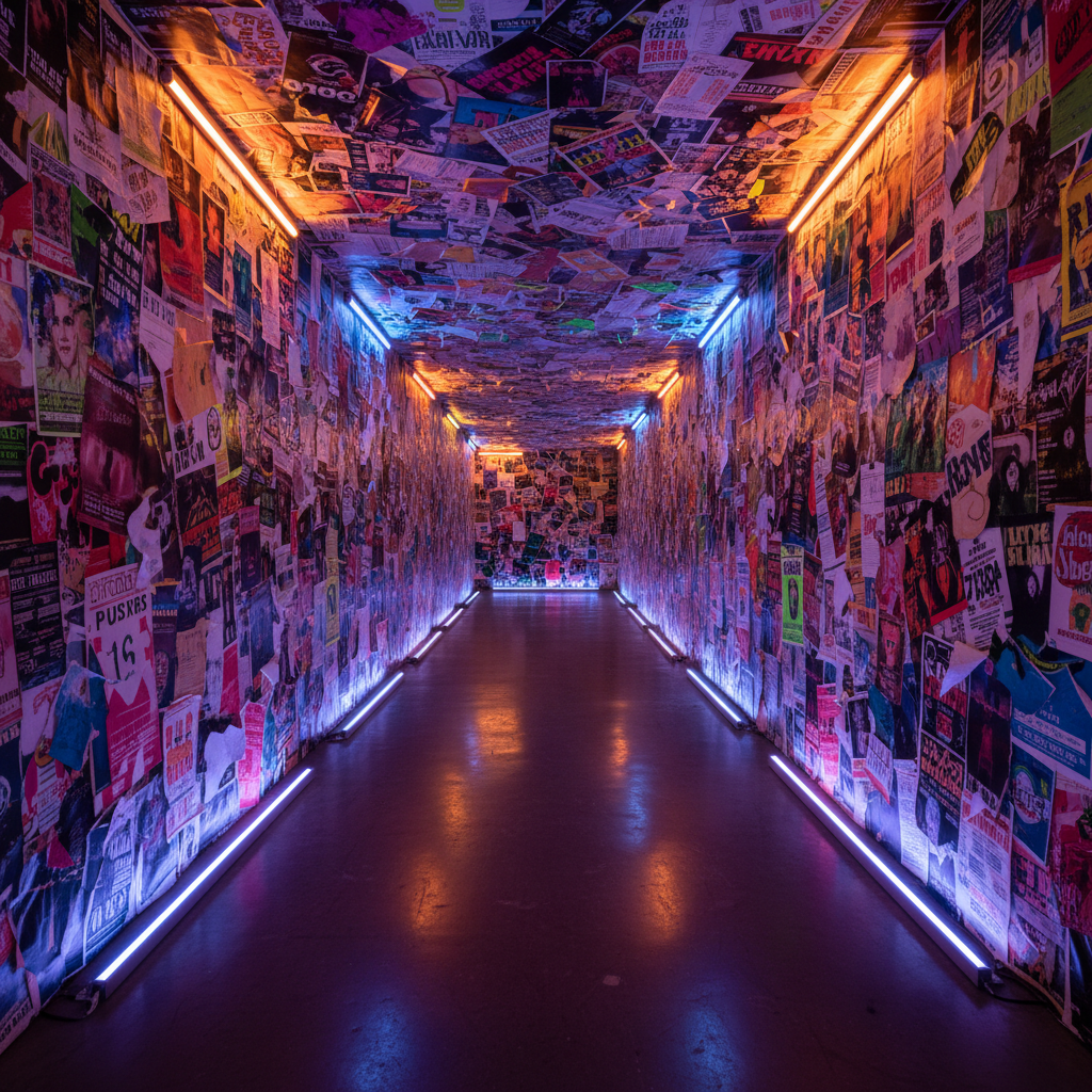 An immersive corridor installation inspired by Scottish rave culture, built within an industrial Dumfries venue. Long, narrow walls are covered in layered rave flyers, ticket stubs, and grainy printed photos, all heavily textured and slightly peeling, illuminated by alternating strips of amber and ultraviolet light that cause fluorescent inks to glow. The polished concrete floor reflects the collage of colors, while discreet floor-mounted LEDs create a dynamic gradient fading into the distance. Photographic realism, shot from eye level down the length of the corridor, emphasizing perspective and depth. The atmosphere feels like walking through collective memory—bold, raw, and emotionally charged, yet carefully curated.