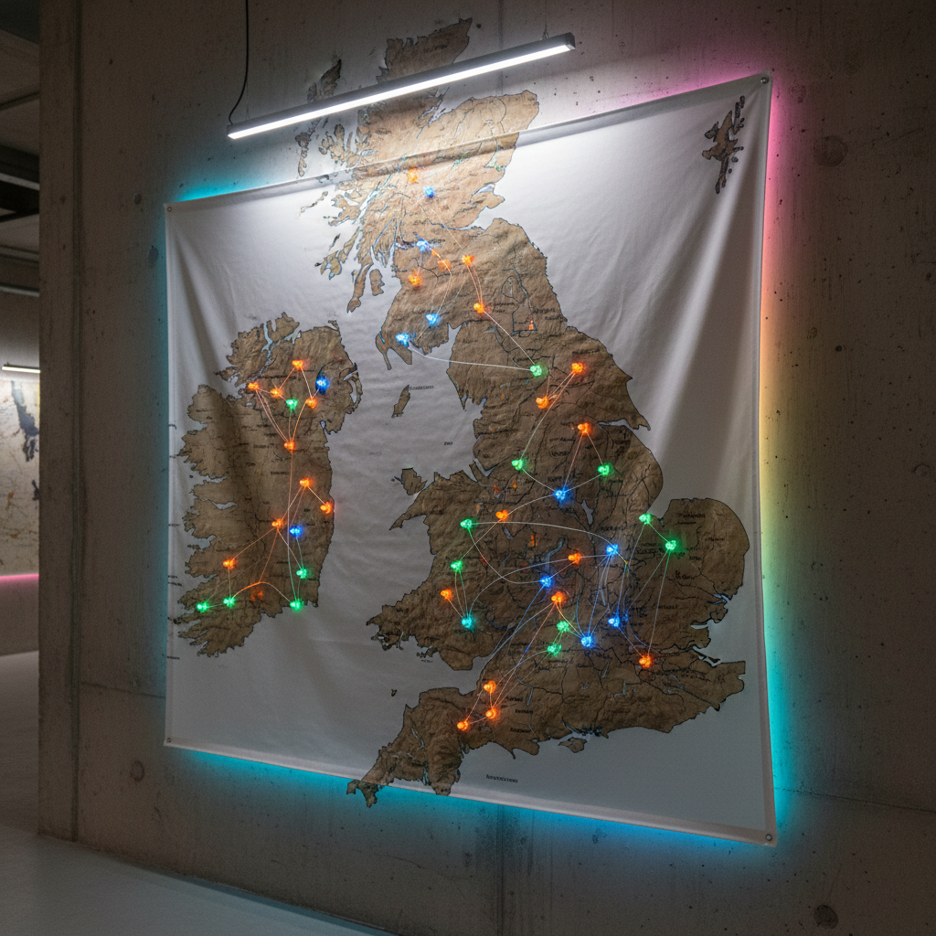 An intimate corner of the Rave Experience exhibition dedicated to Scotland’s rave geography, featuring a large, detailed map of Scotland printed on textured matte fabric, pinned taut across a wall. Tiny glowing acrylic markers in neon orange, green, and blue pinpoint legendary rave locations, connected by fine luminescent lines like an underground constellation. A slim LED strip above the map casts even, cool white light, while hidden colored LEDs behind the fabric create a subtle, shifting halo around the country’s outline. Photographic realism, framed at a slight angle to show depth of pins and threads. The mood is exploratory and reverent, turning landscapes into a secret rave cartography.